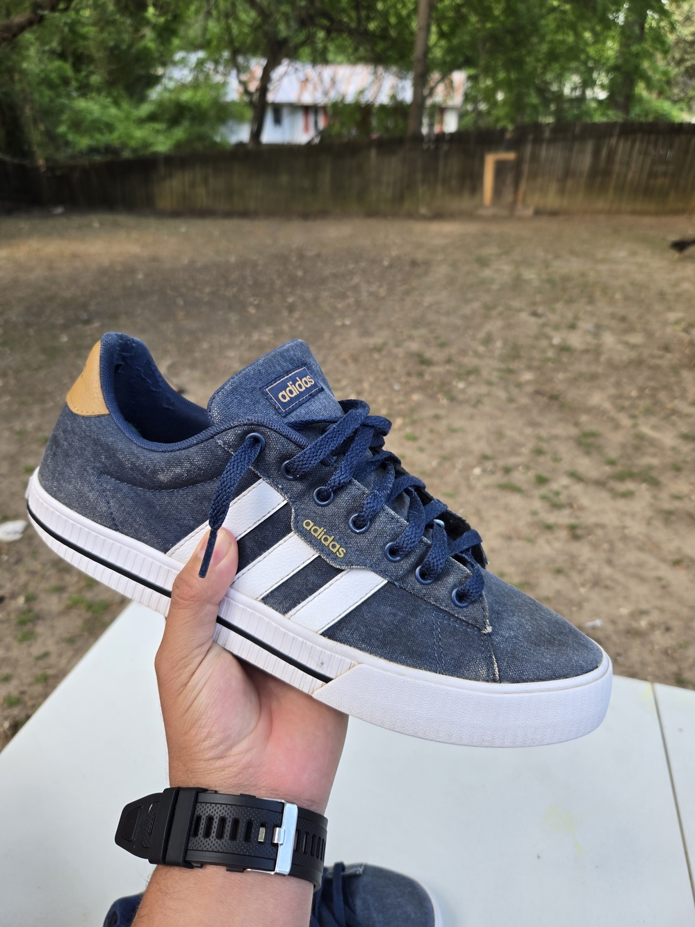 adidas Men's Navy Blue Sneakers with White Stripes and Tan Heel